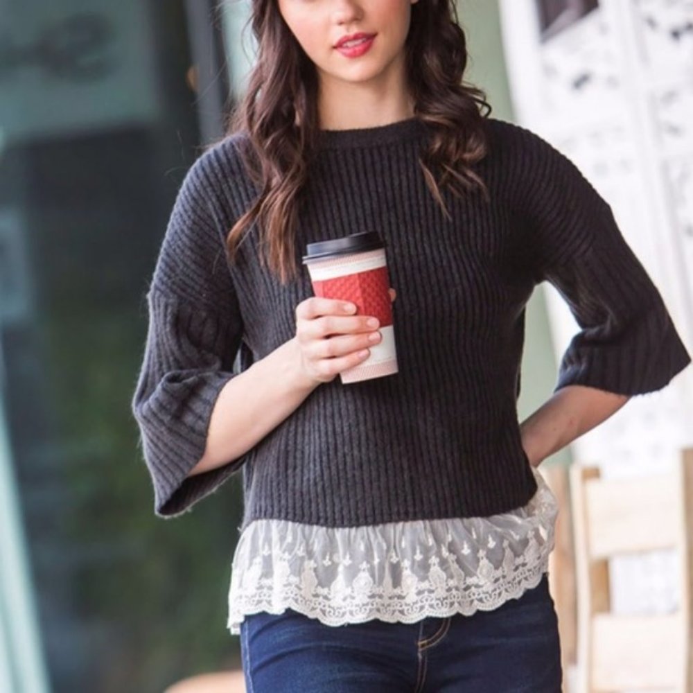 Textured Crop Sweater w/ flare sleeves- Medium